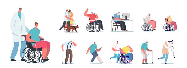 Ρυθμίστε τα άτομα με αναπηρία. Ανδρική γυναικεία χαρακτήρες Riding αναπηρική καρέκλα ή το περπάτημα με πατερίτσες, τυφλός άνθρωπος με οδηγό σκύλο - Διάνυσμα, εικόνα