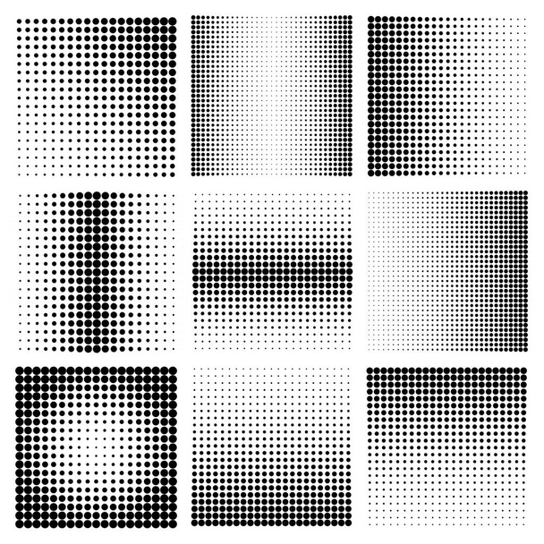 Elementos de diseño de medio tono con puntos negros aislados sobre fondo blanco. Patrón de puntos cómicos.Ilustración vectorial. - Vector, imagen