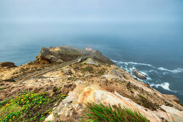 美しい風景、太平洋の岩場の海岸にあるポイントレイズ灯台、長い階段がそれにつながります。カリフォルニア、アメリカ - 写真・画像