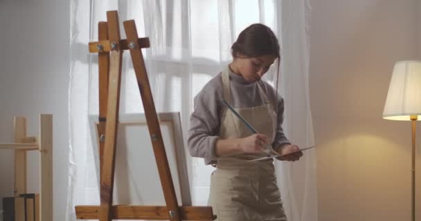 fiatal női művész dolgozik műhelyében, keverés színek palettán, álló közel állvány - Felvétel, videó