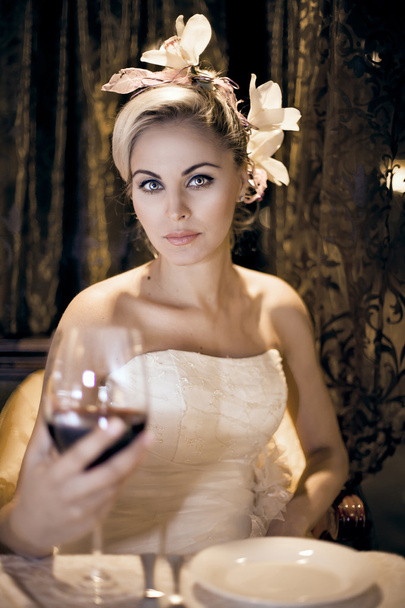 Girl blonde with glass of wine - Фото, зображення