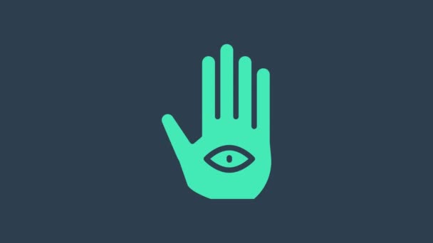 Бирюзовый значок руки Hamsa изолирован на синем фоне. Рука Фатимы - амулет, символ защиты от дьявольского глаза. Видеографическая анимация 4K - Кадры, видео