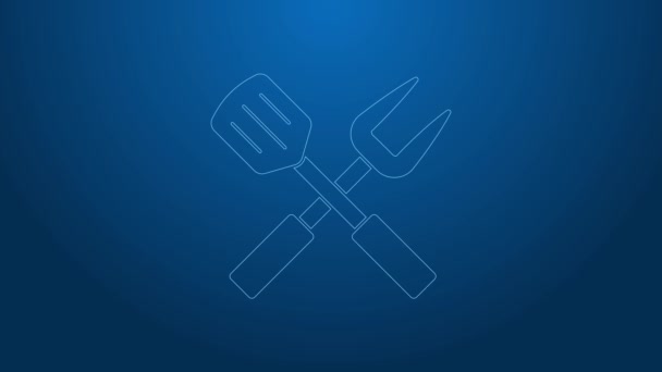 White line Crossed fork and spatula icon isolated on blue background. BBQ fork and spatula sign. Barbecue and grill tools. 4K Video motion graphic animation - Footage, Video