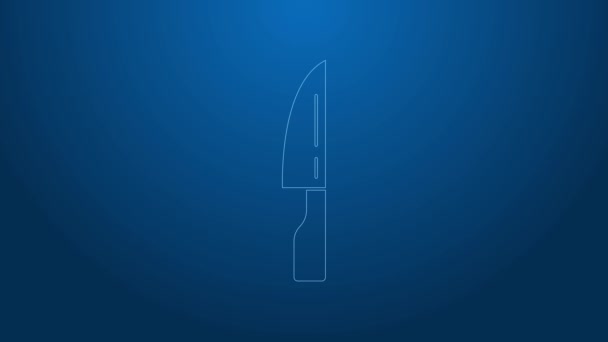 Linea bianca icona del coltello da barbecue isolato su sfondo blu. Icona coltello da cucina. Segno coltello barbecue. Barbecue e strumento griglia. Animazione grafica 4K Video motion - Filmati, video