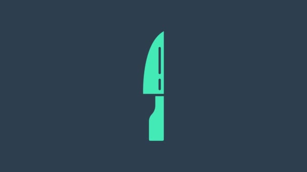 Mavi arka planda turkuaz barbekü bıçağı ikonu izole edildi. Mutfak bıçağı ikonu. Barbekü bıçağı işareti. Barbekü ve ızgara aleti. 4K Video hareketli grafik canlandırması - Video, Çekim