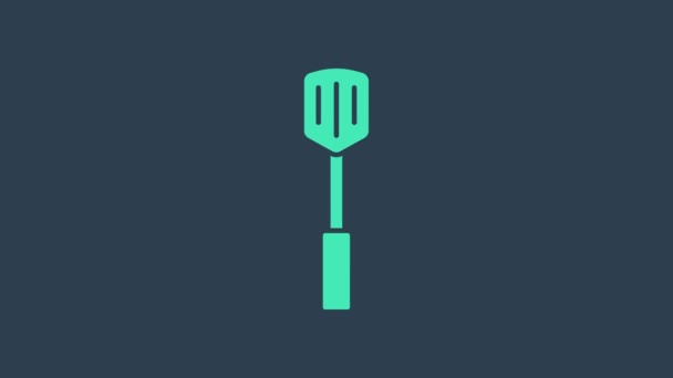 Icône de spatule de barbecue turquoise isolée sur fond bleu. Icône de spatule de cuisine. Signe de spatule de barbecue. Barbecue et outil de grill. Animation graphique de mouvement vidéo 4K - Séquence, vidéo