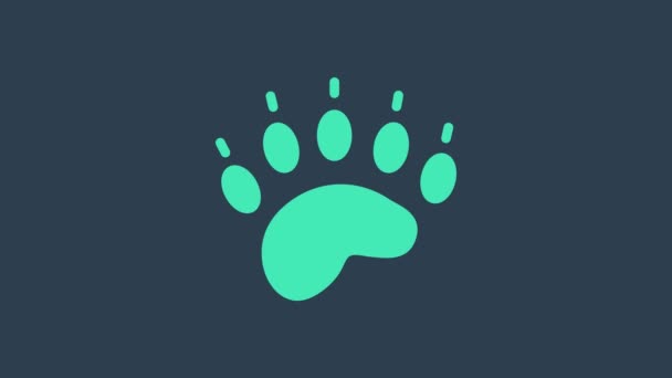 Turquoise Bear paw footprint icon isolated on blue background. 4K Video motion graphic animation - Footage, Video
