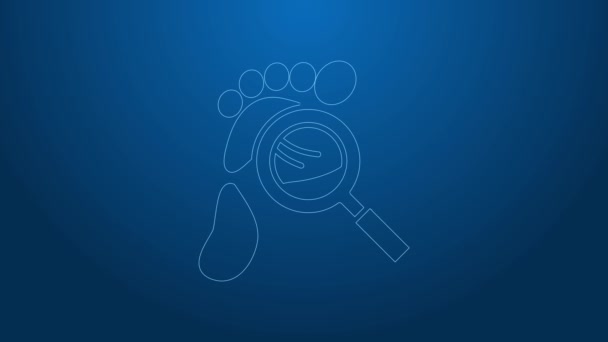 White line Magnifying glass with footsteps icon isolated on blue background. Detective is investigating. To follow in the footsteps. 4K Video motion graphic animation - Footage, Video