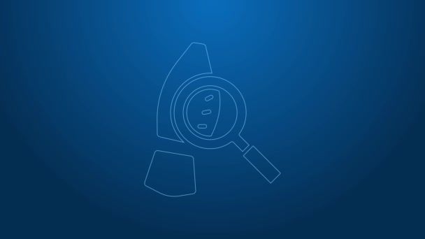 White line Magnifying glass with footsteps icon isolated on blue background. Detective is investigating. To follow in the footsteps. 4K Video motion graphic animation - Footage, Video