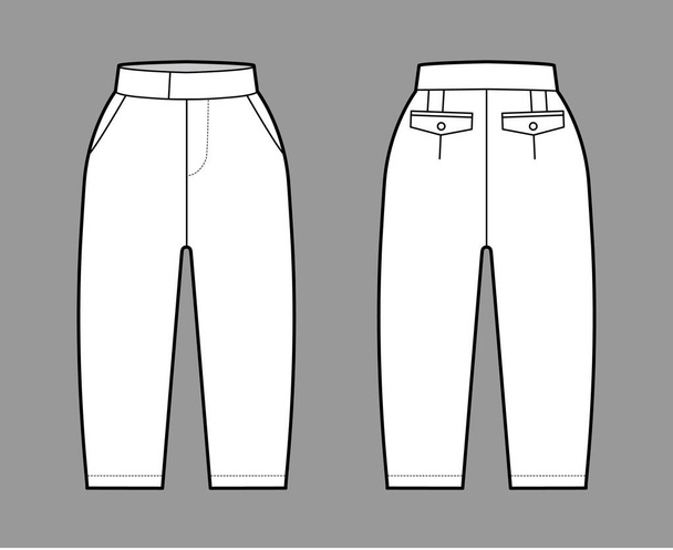 Kurze Capri-Hosen technische Modeillustration mit Knielänge, normaler Taille, aufgeschlitzter Tasche, verlängertem Bund - Vektor, Bild