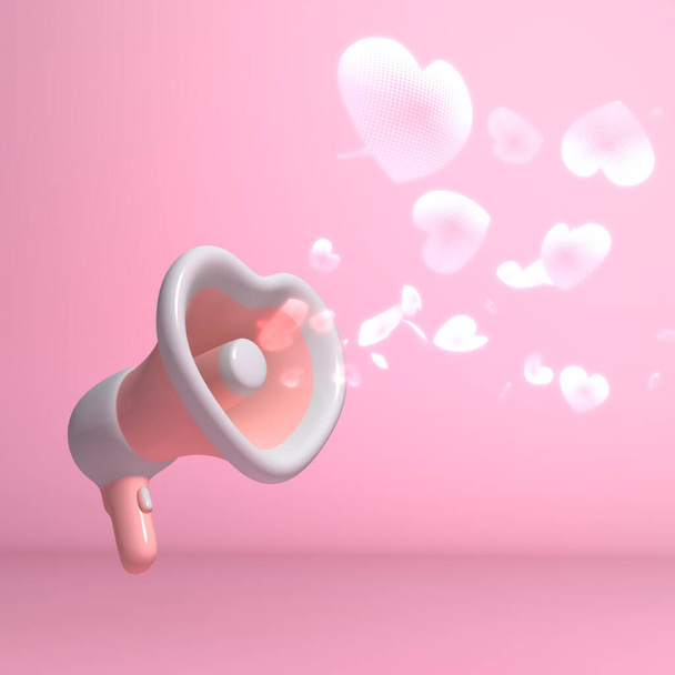 Representación 3D de un Megáfono de Dibujos Animados en Forma de Corazón Rosa con Iconos de Corazón - Foto, Imagen
