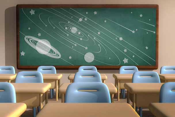 rendu 3D d'une salle de classe avec un système solaire dessin à la craie sur un tableau noir - Photo, image