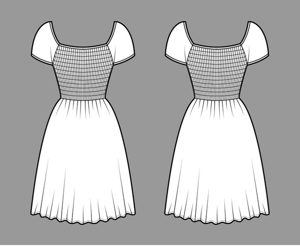 Sukně shirred šaty technické módní ilustrace s čepice rukávy, montované tělo, pas elastické, po kolena. Flat  - Vektor, obrázek