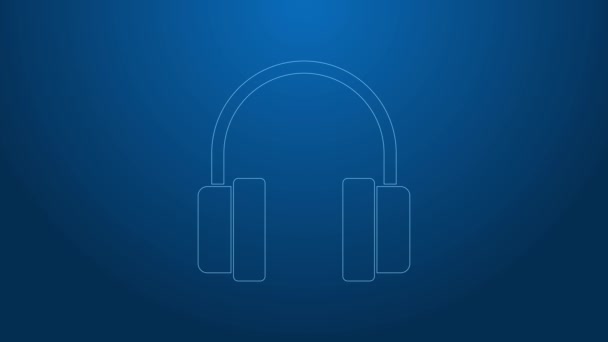 Biała linia Słuchawki ikona izolowane na niebieskim tle. Słuchawki. Koncepcja słuchania muzyki, obsługi, komunikacji i operatora. 4K Animacja graficzna ruchu wideo - Materiał filmowy, wideo
