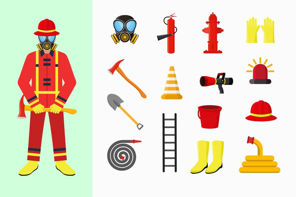Πυροσβεστικός εξοπλισμός και εικονογράφηση φορέα χαρακτήρα πυροσβέστη - Διάνυσμα, εικόνα