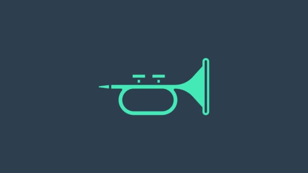Turquesa Instrumento musical trompeta icono aislado sobre fondo azul. Animación gráfica de vídeo 4K - Metraje, vídeo