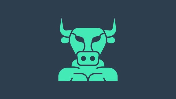 Turquoise Minotaur icon isolated on blue background. Mythical greek powerful creature the half human bull legendary minotaur from cretan labyrinth. 4K Video motion graphic animation - Footage, Video