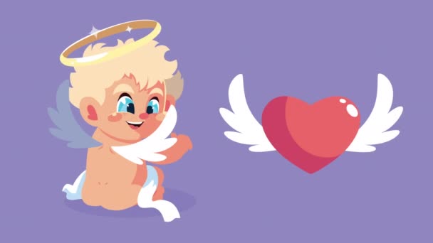 cartão feliz dia dos namorados com anjo cupido e coração voando - Filmagem, Vídeo