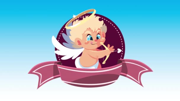happy valentines day card with cupid angel flying with ribbon - Footage, Video