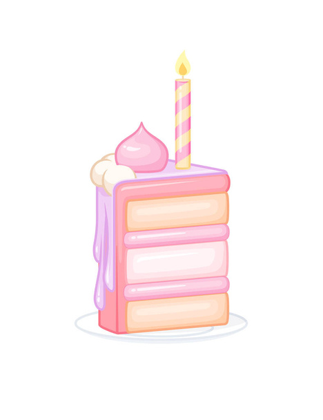 Шматочок рожевого торта на день народження зі свічкою. Векторні ілюстрації ізольовані на білому тлі
. - Вектор, зображення