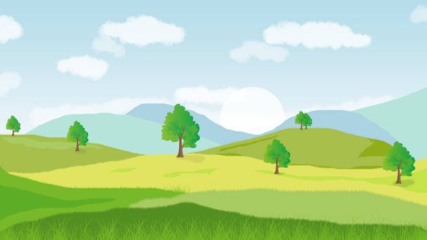 Ilustrace Letní louka. Zelená louka na pozadí hor. Letní krajina - Fotografie, Obrázek