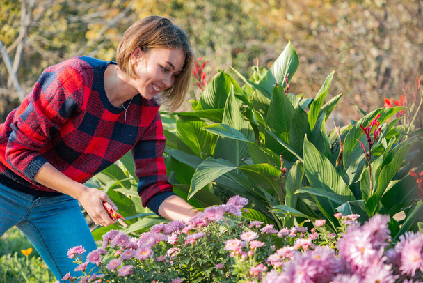 une gentille fille avec une taille dans ses mains prend soin des fleurs dans le jardin avant. - Photo, image