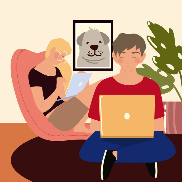 nainen käyttää kannettavaa tietokonetta ja mies istuu lattialla tietokoneen kanssa, työskennellä kotona - Vektori, kuva
