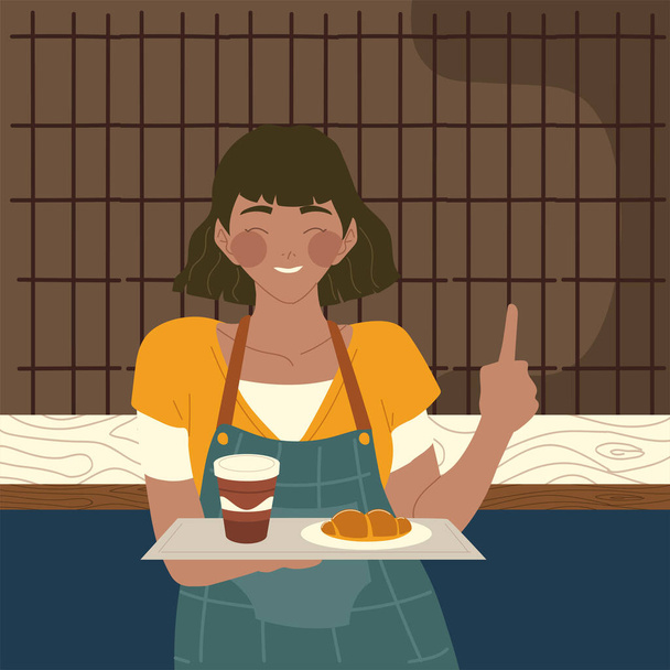 официантка держит поднос с хлебом и одноразовой чашкой - Вектор,изображение