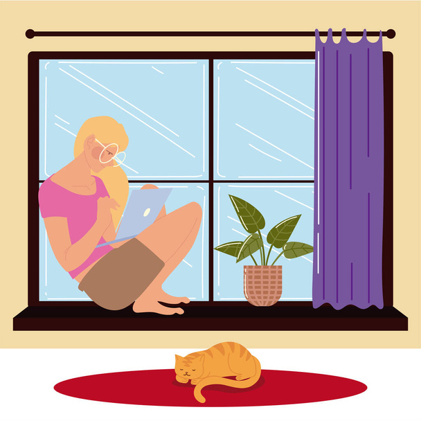 femme assise sur la fenêtre et travaillant sur un ordinateur portable, travailler à la maison - Vecteur, image