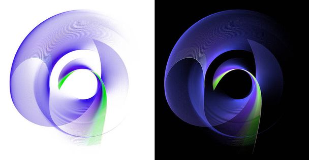 Blaue luftige transparente Ebene, mit grünem Streifen, anmutig geschwungen in einer Spirale auf weißem und schwarzem Hintergrund. Grafische Gestaltungselemente gesetzt. 3D-Darstellung. 3D-Illustration. Zeichen, Symbol, Symbol. - Foto, Bild