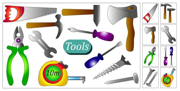 Learning cards for kids. You can learn colors, types of tools, names of objects. Small cards can be cut out and used for a variety of tasks. - Vector, Image