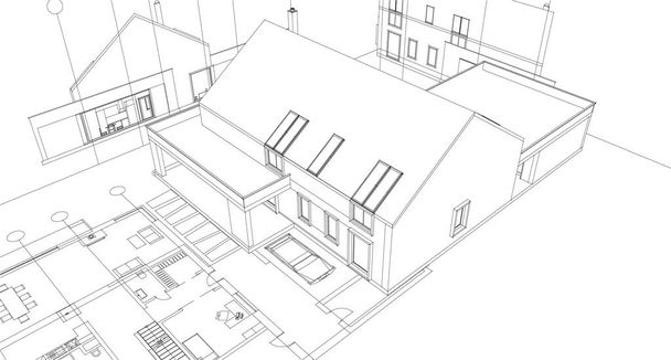 schizzo casa moderna illustrazione 3d - Vettoriali, immagini