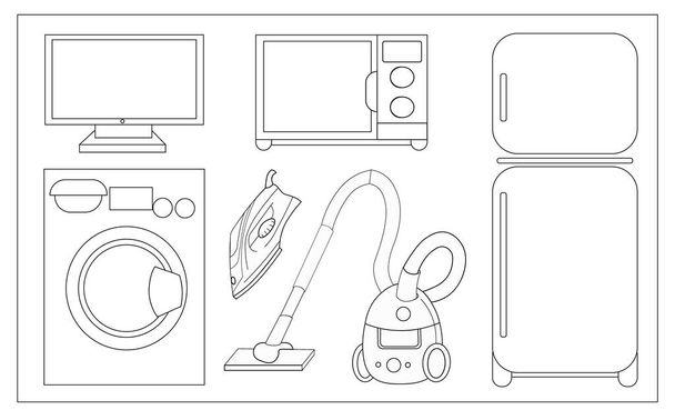  Egy sor különböző háztartási készülékek színező (TV, mikrohullámú sütő, hűtőszekrény, mosógép, vasaló, porszívó). Vektorillusztráció. - Vektor, kép