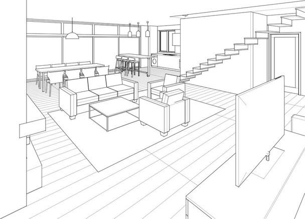Innenraum Küche Wohnzimmer 3D Illustration - Vektor, Bild