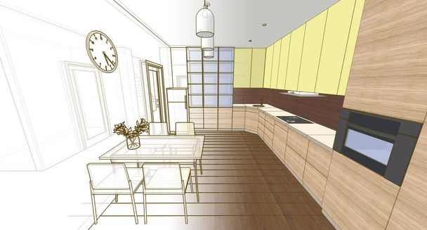 interieur keuken woonkamer 3d illustratie - Foto, afbeelding