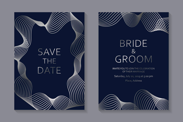 Set moderner geometrischer Hochzeitseinladungen oder Kartenvorlagen für Geschäfts- oder Präsentationszwecke oder zur Begrüßung mit silbernen Linien auf marineblauem Hintergrund. - Vektor, Bild