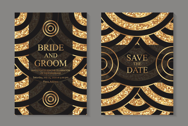 Set moderner geometrischer Hochzeitseinladungen oder Kartenvorlagen für Geschäfts- oder Präsentationszwecke oder Grußkarten mit goldenen und schwarzen Kreisen auf glitzerndem Hintergrund. - Vektor, Bild
