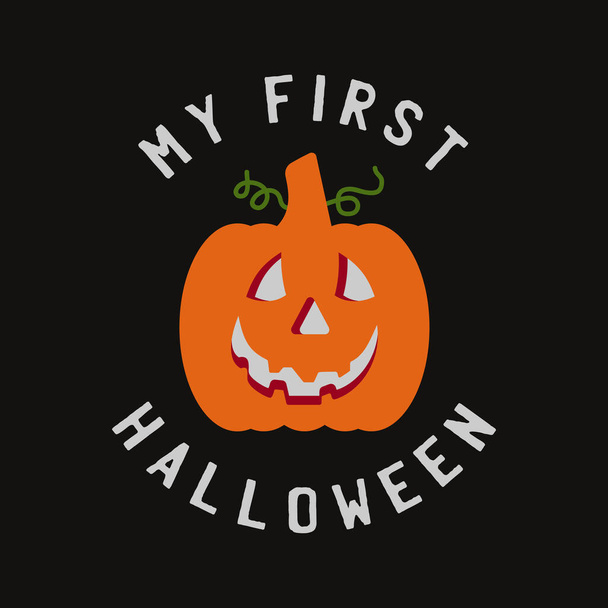 Vintage Halloween tipografia grafica distintivo con zucca e citazione testo My First Halloween. Emblema spaventoso di festa, etichetta retrò. Adesivo vettore stock - Vettoriali, immagini