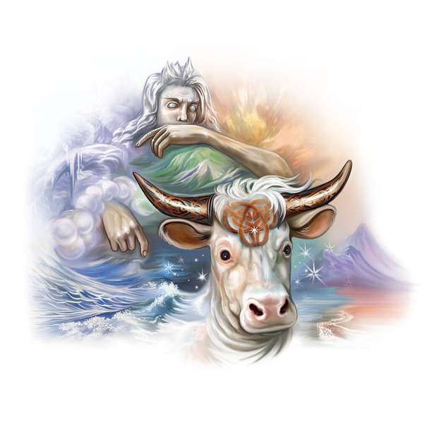 Корова Аудумбла и морозный гигантский Имир, персонажи германо-скандинавской мифологии, создание мира - Фото, изображение
