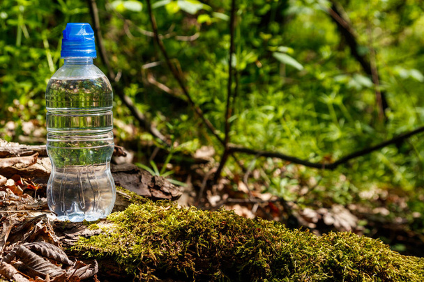 緑の森の背景に新鮮な飲料水とプラスチックボトル - 写真・画像
