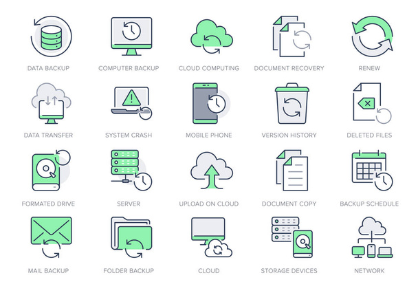 Tartalék vonal ikonok. Vektor illusztráció minimális ikon - helyreállítási adatok, laptop, rendszer összeomlás javítása, adatbázis, felhő átvitel, szemetes újrahasznosítás, mappa piktogram. Zöld szín, szerkeszthető stroke - Vektor, kép