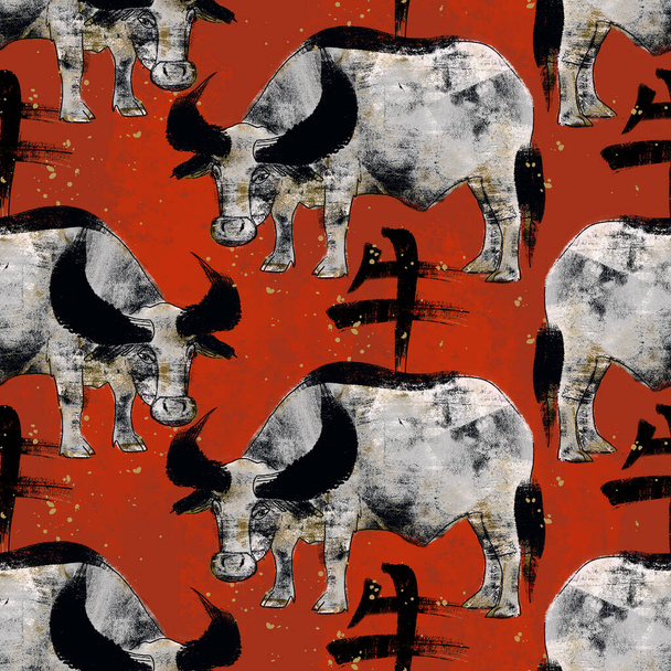 Año del Buey patrón artístico sin costura con animales de toro y jeroglíficos de buey - Foto, Imagen