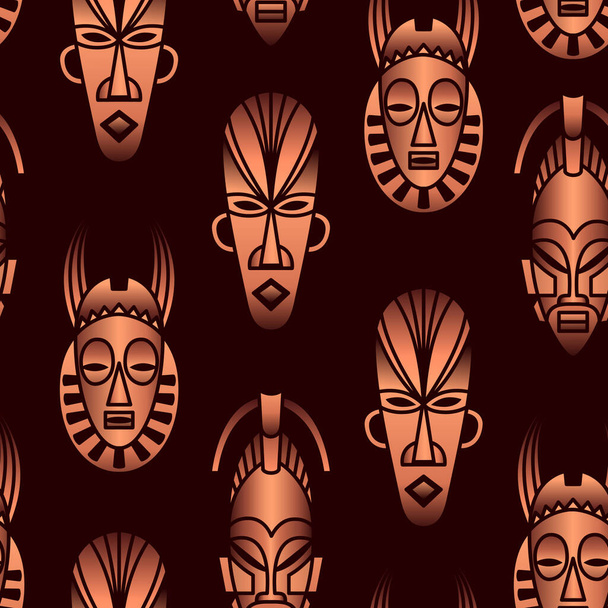 暗い背景にアフリカの民族のマスクとベクトルシームレスパターン - ベクター画像