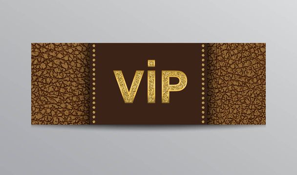 Modelo de bilhete de admissão VIP vetorial com dourado brilhante sinal VIP e lantejoulas no fundo de couro marrom. - Vetor, Imagem