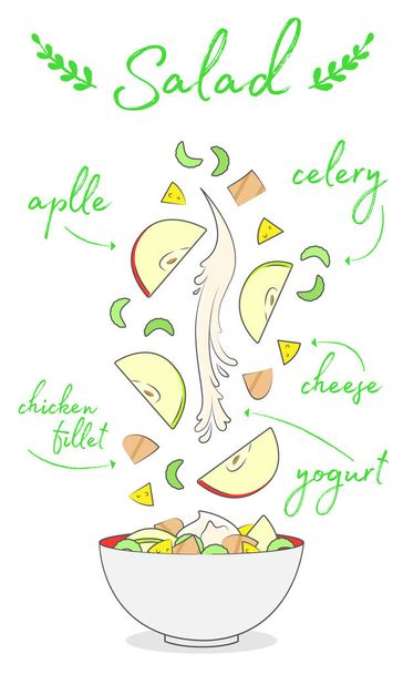 メニューバー、おいしい食事野菜サラダ構成、チキン、セロリ、アップル - ベクター画像