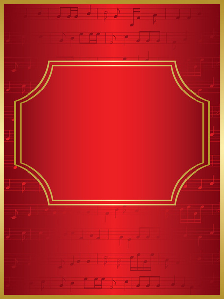 müzik notaları ile kırmızı vektör arka plan ve altın çerçeve - Vektör, Görsel