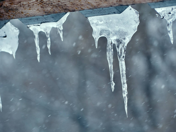 Läpinäkyvät jääpuikot roikkuvat katolta talvella. - Valokuva, kuva