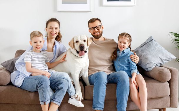 Щасливі грайливі батьки і діти розважаються і граються з милою собакою, збираючись разом на дивані у вітальні під час вихідних вдома
 - Фото, зображення