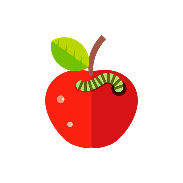 червивое красное яблоко с зеленым листом. Плоская векторная иллюстрация - Вектор,изображение