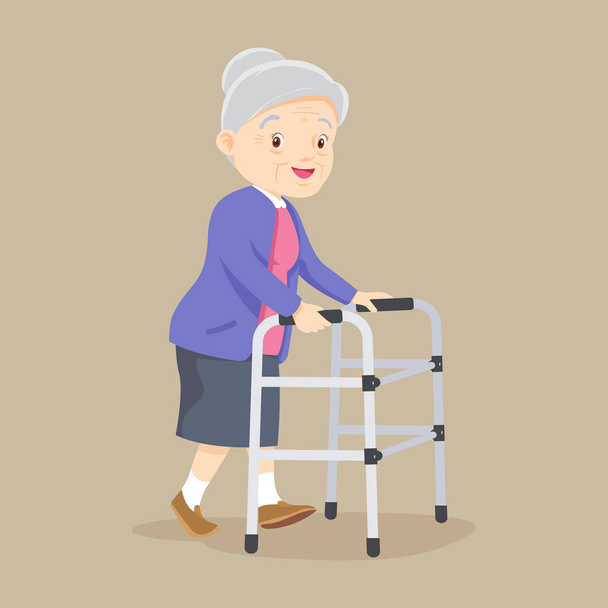 Пожилой пациент с ортопедическим ходунком. Бабушка получает медицинскую помощь. Профессиональное вспомогательное оборудование для пожилых людей. Инвалидность по старости. - Вектор,изображение